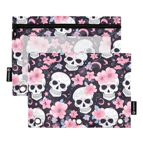 CHIFIGNO Federmäppchen mit lustigem Totenkopf, rosa Blumen, 3-Ringbuch, niedliches Federmäppchen mit transparentem Fenster, Kosmetiktasche für Bürobedarf, Aufbewahrung, 2 Stück CHIFIGNO Federmäppchen mit lustigem Totenkopf, rosa Blumen, 3-Ringbuch, niedliches Federmäppchen mit transparentem Fenster, Kosmetiktasche für Bürobedarf, Aufbewahrung, 2 Stück von CHIFIGNO