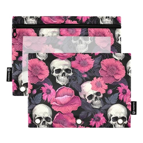 CHIFIGNO Federmäppchen mit lustigem Totenkopf mit rosa Blumen, Federmäppchen für 3-Ringbuch, 2 Stück, Kosmetiktasche mit transparentem Fenster für Zuhause und Büro von CHIFIGNO