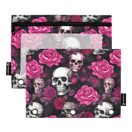 CHIFIGNO Federmäppchen mit lustigen Totenköpfen und rosa Rosen, 3-Ringbuch mit transparentem Fenster, für Bürobedarf, 2 Stück von CHIFIGNO