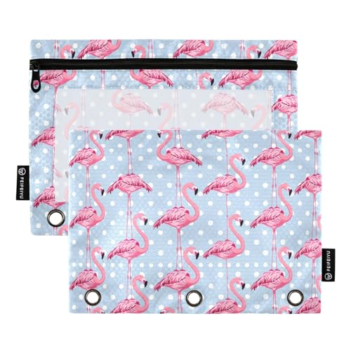 CHIFIGNO Federmäppchen mit pinken Flamingos mit Punkten, Federmäppchen für 3-Ringbuch mit transparentem Fenster, Reißverschluss, Federmäppchen für Zuhause, Büro, 2 Stück von CHIFIGNO