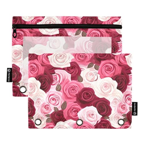 CHIFIGNO Federmäppchen mit rosa und roten Rosen, Federmäppchen mit 3 Ordnerlöchern mit transparentem Fenster, für Büro, Uni, 2 Stück von CHIFIGNO