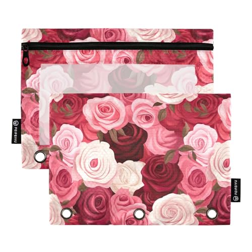 CHIFIGNO Federmäppchen mit rosa und roten Rosen, für 3-Ringbinder, 2 Stück, Make-up-Tasche mit transparentem Fenster für Bürobedarf von CHIFIGNO