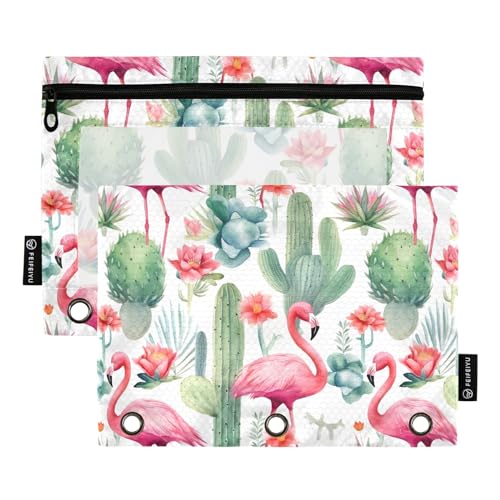 CHIFIGNO Federmäppchen mit tropischen Flamingos, Blumen, Kaktus, Federmäppchen für 3-Ringbinder, 2 Stück, Binder-Federmäppchen mit transparentem Fenster, für Büro, College von CHIFIGNO