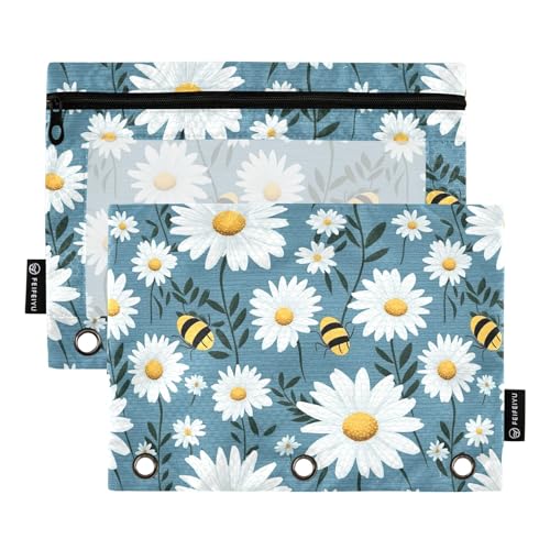 CHIFIGNO Federmäppchen mit weißem Gänseblümchen auf blauem Bienen-Design, Federmäppchen für 3-Ringbuch, 2 Stück, mit Reißverschluss, Federmäppchen mit transparentem Fenster für Zuhause und Büro von CHIFIGNO