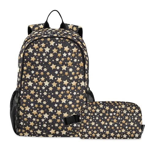 CHIFIGNO Gold Stars Kinder-Rucksack, Jungen, Mädchen, Schulbüchertaschen-Set mit isolierter Lunchbox, Kinder-Reiserucksack von CHIFIGNO