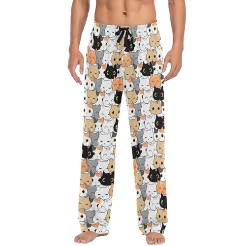 CHIFIGNO Herren Lustige Pyjamahose Schlafhose Herren Pyjama mit Taschen Kordelzug S-XXL, Bunte niedliche Katze Doodle, Large von CHIFIGNO