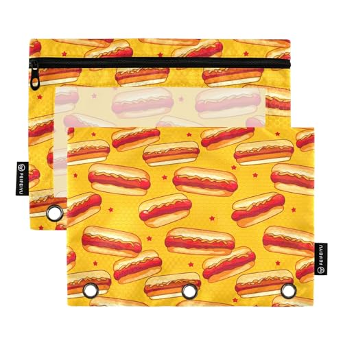 CHIFIGNO Hot Dog auf gelbem Federmäppchen mit 3 Ringen, Federmäppchen mit transparentem Fenster, Federmäppchen für Ordner, Schule, Büro, Organizer, 2 Stück von CHIFIGNO