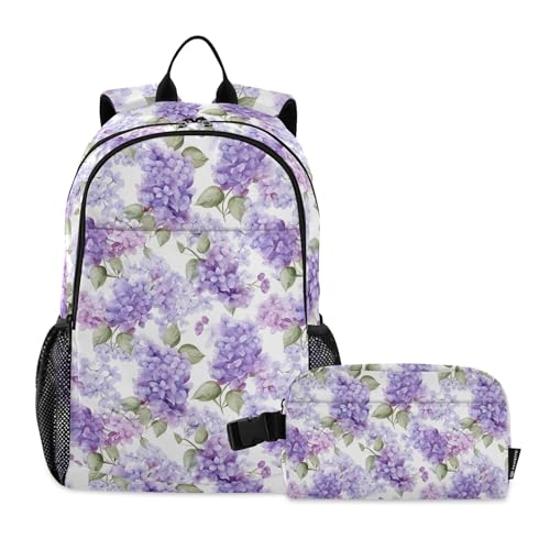 CHIFIGNO Kinder-Rucksack, Motiv: Aquarell, lilafarben, Blumen, für Jungen und Mädchen, Schultaschen-Set mit Lunchbox, leichter Rucksack von CHIFIGNO