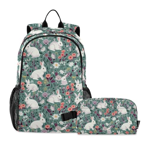 CHIFIGNO Kinder-Rucksack, Motiv: weiße Hasen mit Frühlingsblumen, für Jungen und Mädchen, Schultaschen-Set mit Lunchbox, Teenager-Rucksack, Tagesrucksack von CHIFIGNO