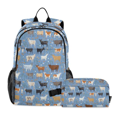CHIFIGNO Kinder-Rucksack, bunte Blumen, Bauernhoftiere, Kühe, Schulbüchertaschen, leichter Rucksack mit isolierter Lunchbox von CHIFIGNO