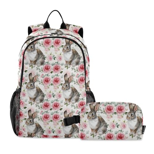 CHIFIGNO Kinder-Rucksack mit Aquarell-Kaninchen und Rosen, mit Lunchbox für Mädchen und Jungen, Grundschulrucksäcke, Schulbüchertasche von CHIFIGNO