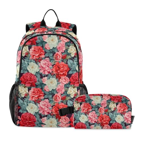 CHIFIGNO Kinder-Rucksack mit isolierter Lunchbox, Vintage-Stil, Rosenmotiv, Schulrucksäcke, Schultasche von CHIFIGNO