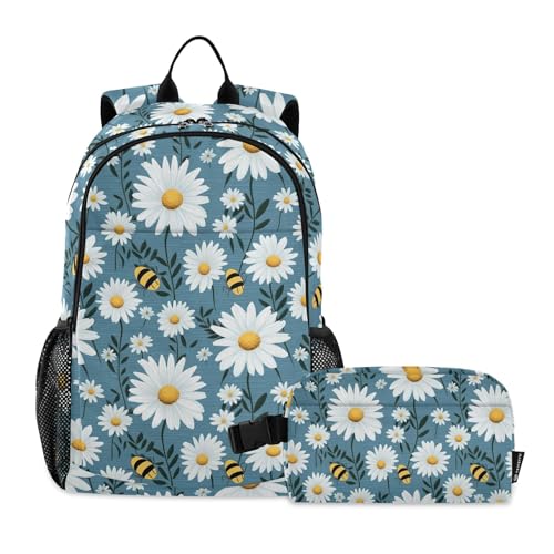 CHIFIGNO Kinderrucksack, Motiv: Bienen, weiße Gänseblümchen auf Blau, für Jungen und Mädchen, Schulranzen-Set mit isolierter Lunchbox, Reise-Büchertasche von CHIFIGNO