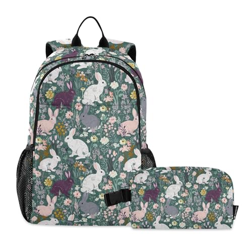 CHIFIGNO Kinderrucksack mit Kaninchen, Pastellfarben mit Blumen, für Jungen und Mädchen, Schultaschen-Set mit isolierter Lunchtasche, Grundschüler, Rucksack von CHIFIGNO