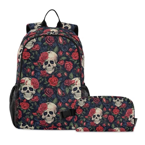 CHIFIGNO Kinderrucksack mit Totenköpfen und roten Rosen, mit isolierter Lunchtasche für Mädchen und Jungen, Reiserucksack, Schultasche von CHIFIGNO