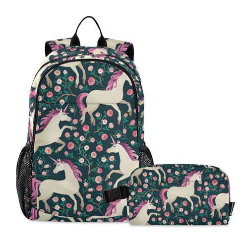 CHIFIGNO Kinderrucksack mit bunter niedlicher Katze, mit isolierter Lunchtasche für Mädchen und Jungen, Reiserucksack, Schultasche, Vintage-Einhörner und Blumen, Einheitsgröße von CHIFIGNO