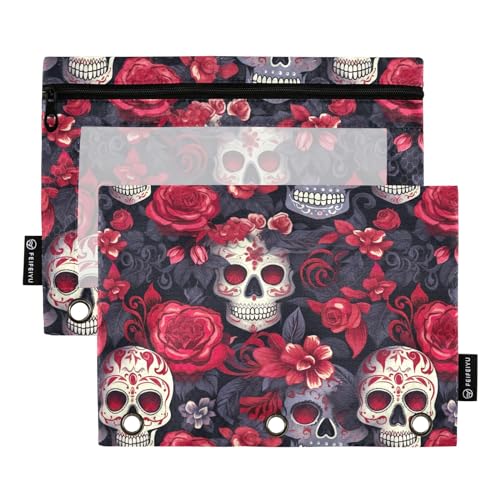 CHIFIGNO Ladybords Federmäppchen mit 3 Binderlöchern, niedliches Federmäppchen mit transparentem Fenster für Bürobedarf, 2 Stück, Sugar Skulls With Red Roses-1, Einheitsgröße von CHIFIGNO