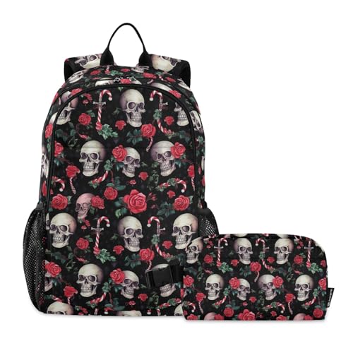 CHIFIGNO Lustige Totenköpfe und Zuckerstangen, Rosen, 2-teiliges Rucksack-Set für Kinder, Schultaschen-Set mit Lunchbox, süßer Rucksack von CHIFIGNO