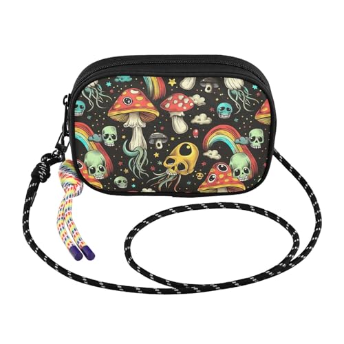 CHIFIGNO Lustige Umhängetasche mit Totenkopf-Pilz, schwarz, kleine Damen-Handytasche, leichte Umhängetasche, Reise-Handtasche mit verstellbarem Riemen von CHIFIGNO