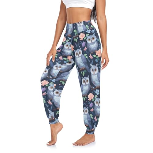 CHIFIGNO Lustige Yogahose für Damen, Jogginghose, hohe Taille, Loungehose, Haremshose, Yogahose, Sweatpants, Lustige Eulen mit Blumen, XX-Large von CHIFIGNO