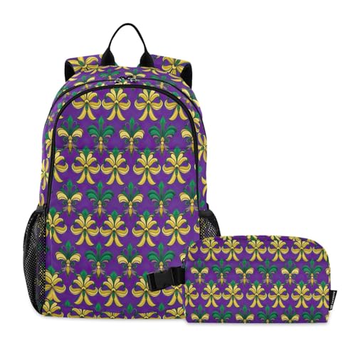 CHIFIGNO Mardi Gras Rucksack mit französischer Lilie, für Kinder, Jungen, Mädchen, Schultaschen-Set mit isolierter Lunchtasche, Grundschule von CHIFIGNO