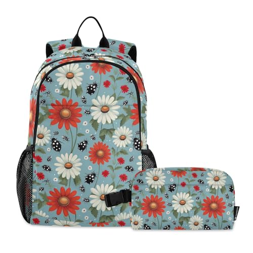 CHIFIGNO Marienkäfer mit Gänseblümchen, Kinder-Rucksack, Jungen und Mädchen, Schulbuchtaschen-Set mit isolierter Lunchbox, niedlicher Rucksack von CHIFIGNO