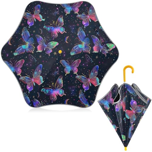 CHIFIGNO Neon Schmetterlinge Kinder Regenschirm Junge Mädchen Anti-UV Regenschirm für Sonne Winddichte Regenschirm für Regen Kleinkind Regenschirm mit Reflexstreifen von CHIFIGNO