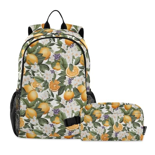 CHIFIGNO Orange Citrus mit Blumen Kinder Rucksack Kinder Schulranzen Set mit isolierter Lunchbox Mittelschule Tagesrucksack von CHIFIGNO