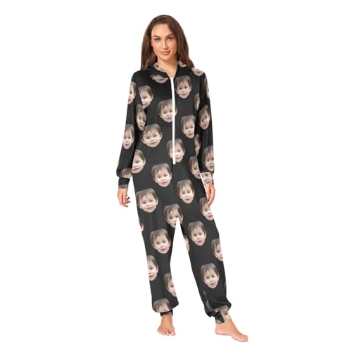 CHIFIGNO Personalisiertes Gesicht Foto Lustiger Erwachsenen-Einteiler Pyjama Individuelle Nachtwäsche Reißverschluss Kapuze Jumpsuit Einteiler Urlaubskostüm, Schwarz, M von CHIFIGNO