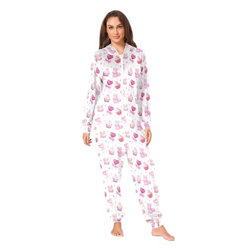 CHIFIGNO Pyjama Einteiler für Erwachsene mit Kapuze Einteiler Pyjama Weihnachten Nachtwäsche Onesie Outfit Hauskleidung, Rosa Cupcake und Lutscher, weiß, X-Large von CHIFIGNO