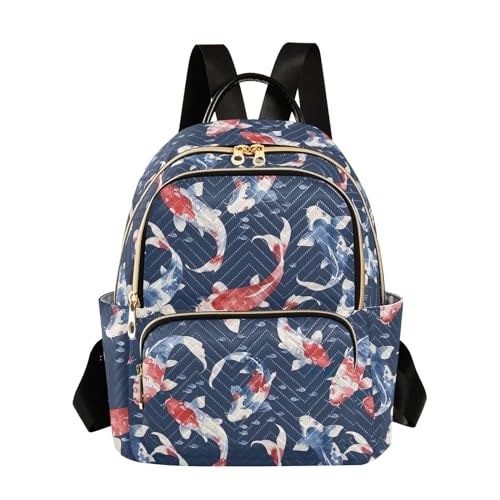 CHIFIGNO Rucksack für Damen, niedlicher Mini-Rucksack, leichter Reiserucksack, Diebstahlschutz, Damen-Rucksack, Dunkelblauer und roter Fisch, Medium von CHIFIGNO