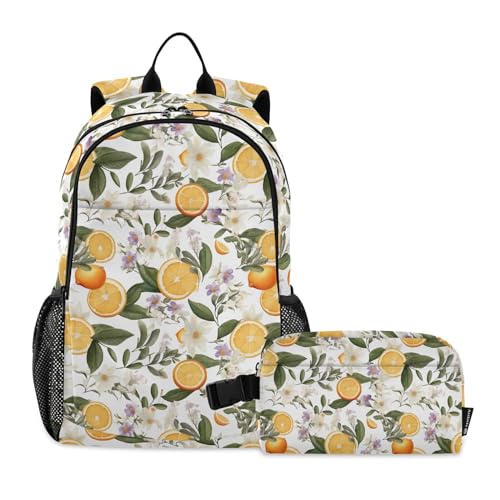 CHIFIGNO Rucksack für Mädchen, Jungen, Kinder, Schulranzen-Set mit Lunchtasche, Teenager-Rucksack, Tagesrucksack, Orange mit Zitrusfrüchten von CHIFIGNO