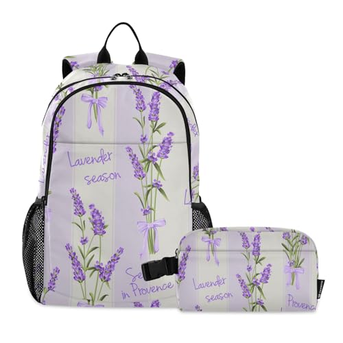 CHIFIGNO Rucksack für Mädchen, Jungen, Kinder, Violett, Rosa, Schmetterlinge, Schulbüchertaschen, Grundschule, Mittelschule Rucksäcke mit Lunchtasche, Schicke Lavendelblüten, Einheitsgröße von CHIFIGNO