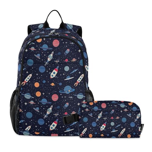 CHIFIGNO Rucksack für Mädchen, Jungen, Kinder, mit isolierter Lunchbox, Grundschüler-Rucksack, Schulbuchtaschen, Cartoon-Weltraum mit Planeten, Einheitsgröße von CHIFIGNO