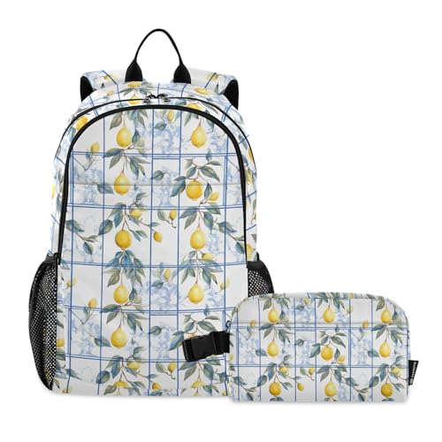 CHIFIGNO Rucksack im sizilianischen italienischen Stil mit Zitronen für Kinder, Jungen, Mädchen, Schulbüchertaschen-Set mit Lunchbox, Grundschulrucksäcke von CHIFIGNO