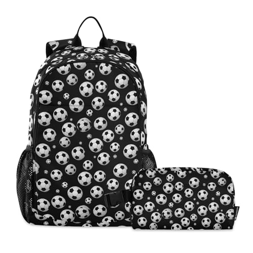 CHIFIGNO Rucksack mit Fußballbällen für Kinder, Jungen, Mädchen, Schultaschen-Set mit isolierter Lunchtasche, Elementarschüler, Schwarz von CHIFIGNO