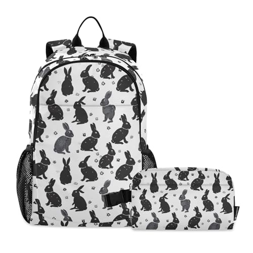 CHIFIGNO Rucksack mit Kaninchen-Silhouette, für Mädchen, Jungen, Kinder, Schultaschen-Set mit Lunchbox, Teenager, Laptop-Rucksack, Schwarz und Weiß von CHIFIGNO