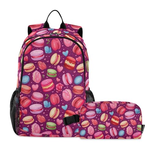 CHIFIGNO Rucksack mit Makronen und Herzen, für Kinder, Jungen, Mädchen, Schulbücher, Grundschule, Mittelschule, Rucksäcke mit isolierter Lunchtasche von CHIFIGNO