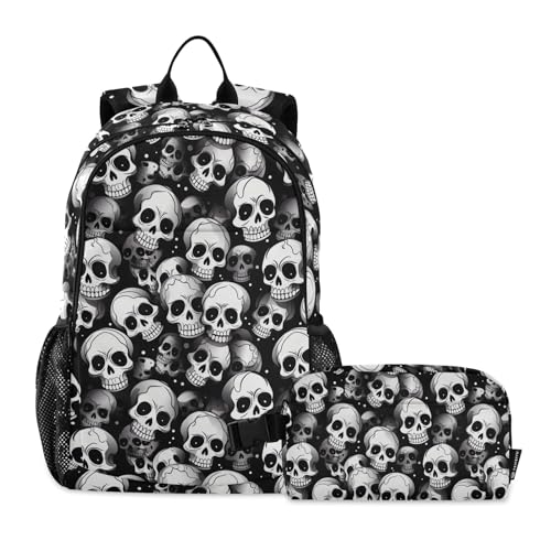 CHIFIGNO Rucksack mit Totenköpfen für Mädchen, Jungen, Kinder, Schulbuchtaschen-Set mit isolierter Lunchbox, leichter Rucksack, Schwarz und Weiß von CHIFIGNO