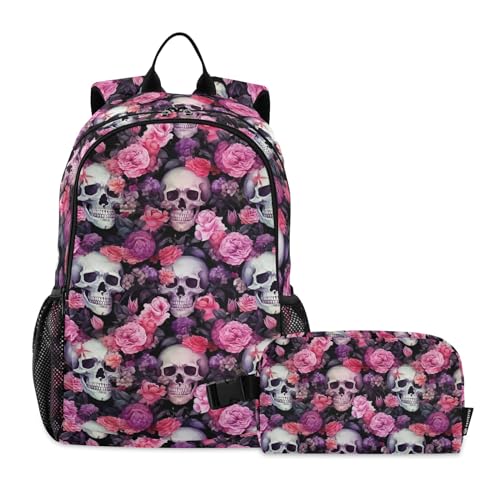 CHIFIGNO Rucksack mit Totenköpfen und rosa lila Blumen, für Mädchen, Jungen, Kinder, Schulbuchtaschen-Set mit Lunchbox, leichter Rucksack von CHIFIGNO