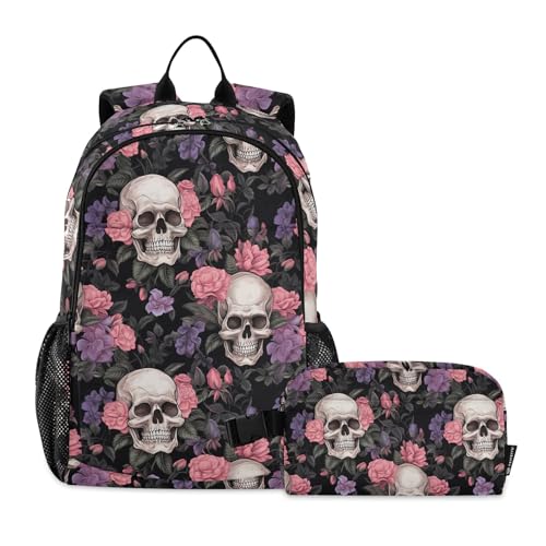 CHIFIGNO Rucksack mit Totenköpfen und rosa und lila Blumen, für Mädchen, Jungen, Kinder, Schulbüchertaschen-Set mit isolierter Lunchbox, Reise-Büchertasche von CHIFIGNO