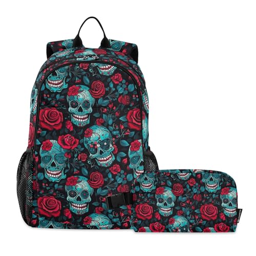 CHIFIGNO Rucksack mit Totenköpfen und roten Rosen, für Mädchen, Jungen, Kinder, Schulbüchertaschen-Set mit Lunchtasche, Rucksack für Grundschüler, Blau von CHIFIGNO