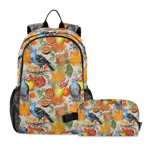 CHIFIGNO Rucksack mit Vintage-Vögeln und Herbstblättern, für Kinder, Jungen, Mädchen, Schulranzen-Set mit Lunchbox, Teenager-Rucksack, Tagesrucksack von CHIFIGNO