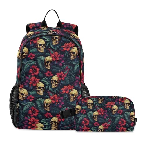 CHIFIGNO Rucksack mit goldfarbenen Totenköpfen und tropischen roten Blumen, für Kinder, Jungen, Mädchen, Kinder, Schultaschen-Set mit Lunchbox, süßer Rucksack von CHIFIGNO