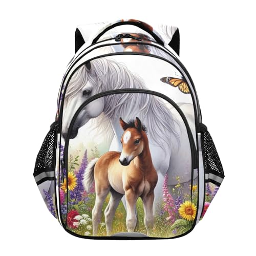 CHIFIGNO Schulrucksack, Stilvolle Pferd Wildblumen Schmetterlinge Jungen Mädchen Leichter Studentenrucksack mit reflektierenden Streifen Elegant Pferd Wildblumen Schmetterlinge Medium Rucksäcke von CHIFIGNO