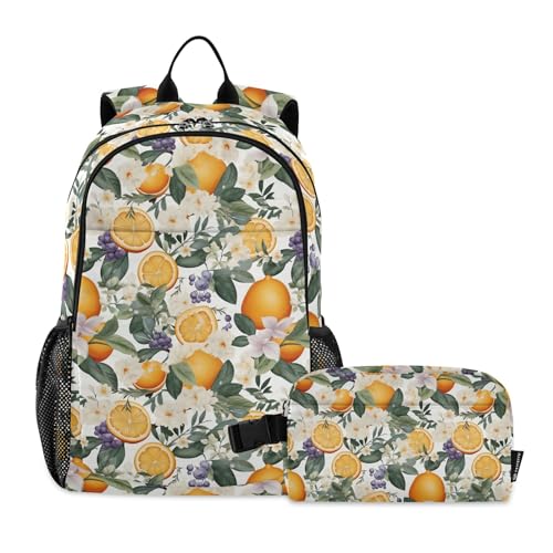 CHIFIGNO Schulrucksack Orange Zitrusfrüchte und Blumen Kinder Schultasche Reise Büchertasche mit Lunchbox von CHIFIGNO