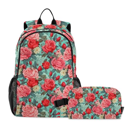 CHIFIGNO Schulrucksack-Set für Kinder, mit isolierter Lunchbox, Teenager, Laptop-Rucksack, Rosa / Rot / Türkis von CHIFIGNO