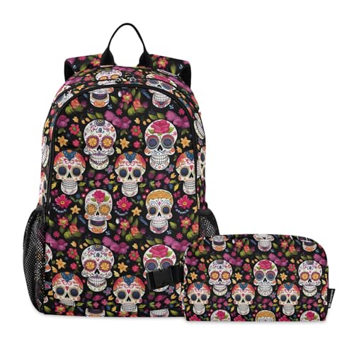 CHIFIGNO Schulrucksack-Set mit Zuckerschädel und Blumen für Kinder, mit isolierter Lunchbox, Teenager-Rucksack, Tagesrucksack von CHIFIGNO