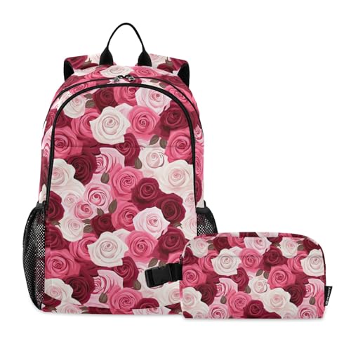 CHIFIGNO Schulrucksack mit Lunchbox für Mädchen und Jungen, Teenager, Laptop-Rucksack, Schultasche, Rosa und Rot von CHIFIGNO