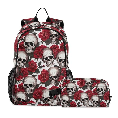 CHIFIGNO Schulrucksack mit Lunchtasche für Mädchen und Jungen, Teenager-Rucksack, Tagesrucksack, Kinder, Schultasche, Elegante Totenköpfe mit roten Rosen, Einheitsgröße von CHIFIGNO